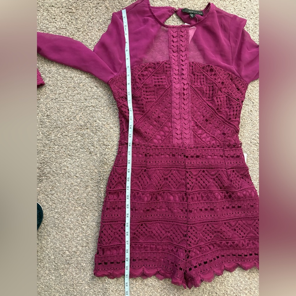 New Medium Adelyn Rae Purple Berry Lace Open Back Romper - Picture 15 of 16